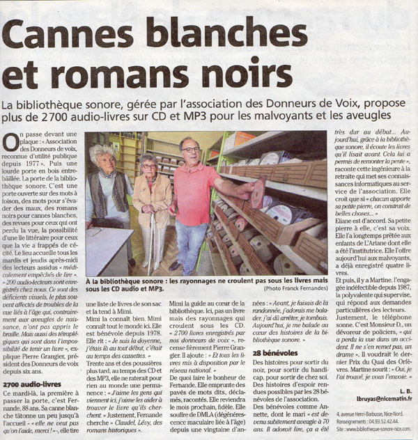 Article du journal Nice Matin titré Cannes blanches et romans noirs